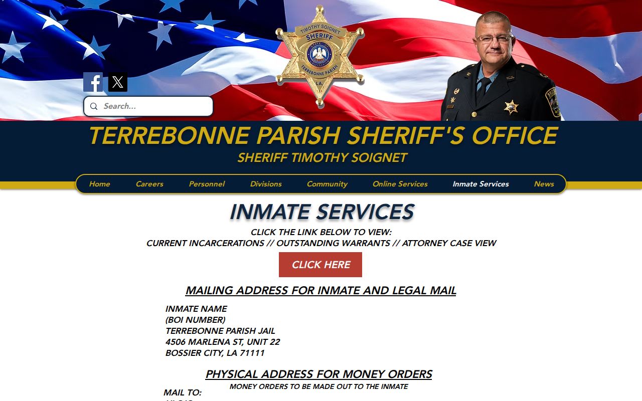TPSO inmate services page for the Terrebonne Parish jail